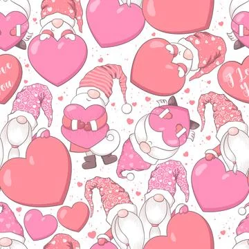 Valentines Day seamless vector pattern with cute hand drawn gnomes, hearts .. Stock Illustration