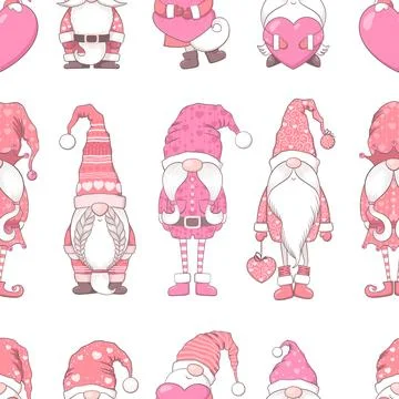 Valentines Day seamless vector pattern with cute hand drawn gnomes, hearts .. Illustrazione stock