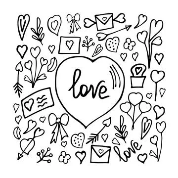 Valentine's day set with drawn elements. Scribble. Stock Illustration