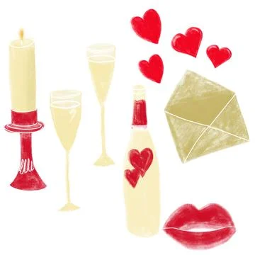 Valentine's day set of illustrations whith candle, champagine, glases, love Stock Illustration