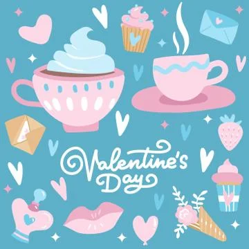 Valentines Day set with love elements, heart, overlays, line calligraphy, cof 스톡 일러스트
