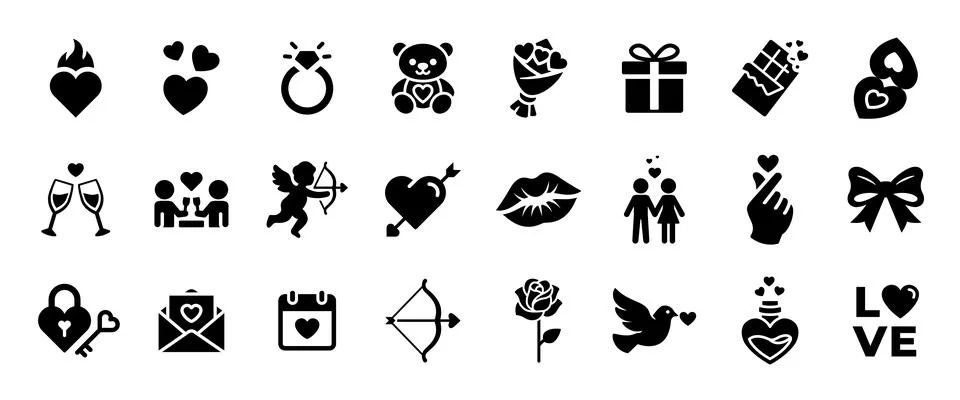 Valentine's Day solid icon set with love, heart, couple, gift and romance s.. Stock Illustration
