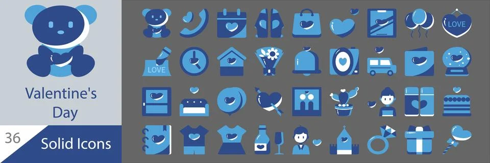 Valentines Day Solid Icons Set Vector, Love Romance Heart Gift Symbols 库存插图