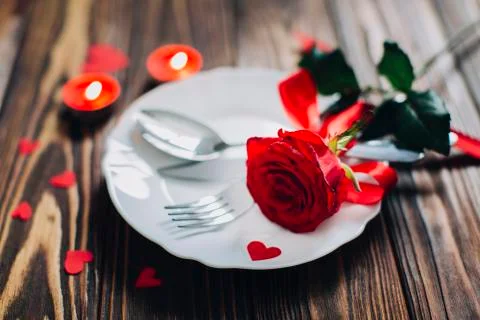 Valentines day, table setting and romantic dinner concept 写真素材