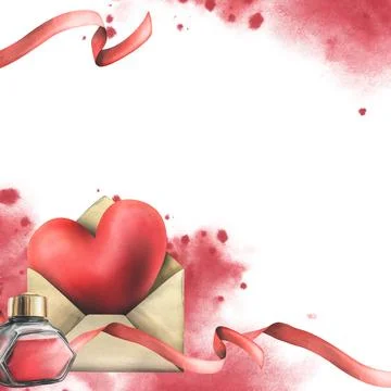 For Valentine's Day, a template with a heart in envelope with ink and ribbon Stock Illustration