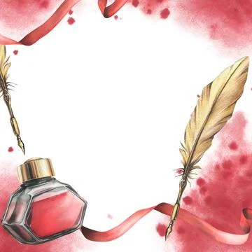 For Valentine's Day, a template with a ink, feather pen, ribbons, splashes. Hand Stock Illustration