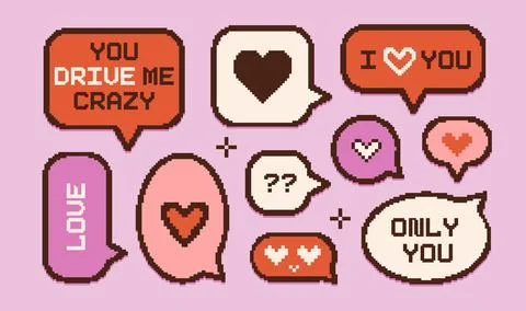 Valentines day text speech bubbles set in vintage PC pixelated style. Vector Stock Illustration