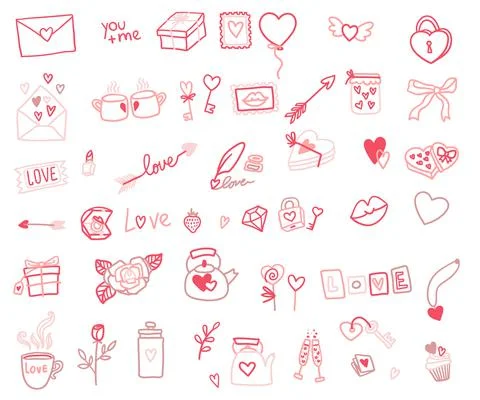Valentines Day theme doodle set. Traditional romantic symbols heart shapes, a Stock Illustration