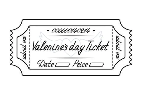 Valentine's Day. Ticket admit one. Date and price are indicated Heart. Stock Illustration