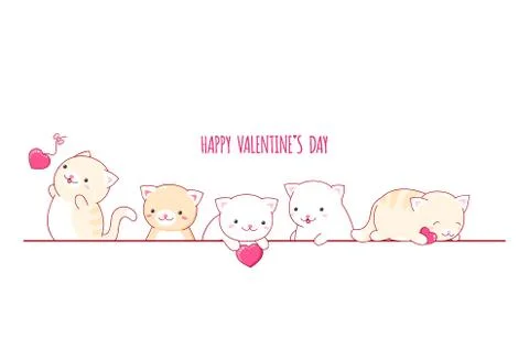 Valentine's day vector border with cute cats Illustrazione stock