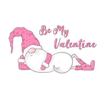 Valentines Day vector card with cute hand drawn gnome and lettering Be My V.. Illustrazione stock