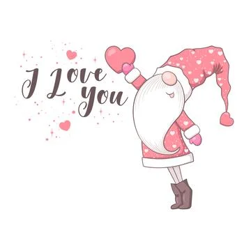 Valentines Day vector card with cute hand drawn gnome and lettering I Love .. Stock Illustration
