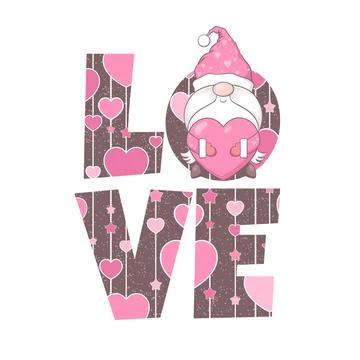 Valentines Day vector card with cute hand drawn gnome and lettering Love is.. Stock Illustration