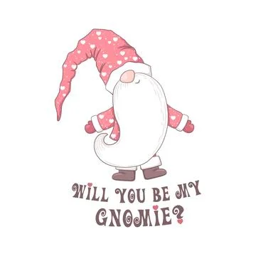 Valentines Day vector card with cute hand drawn gnome and lettering isolate.. Stock Illustration