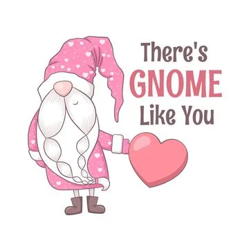 Valentines Day vector card with cute hand drawn gnome and lettering isolate.. Stock Illustration