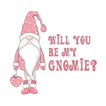 Valentines Day vector card with cute hand drawn gnome and lettering isolate.. Stock Illustration