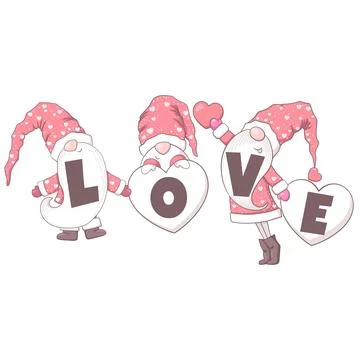Valentines Day vector card with cute hand drawn gnome? and lettering Love i.. Stock Illustration