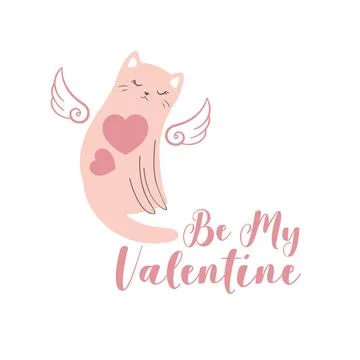 Valentines Day vector card with cute hand drawn cat, hearts, wings and lett.. Stock Illustration