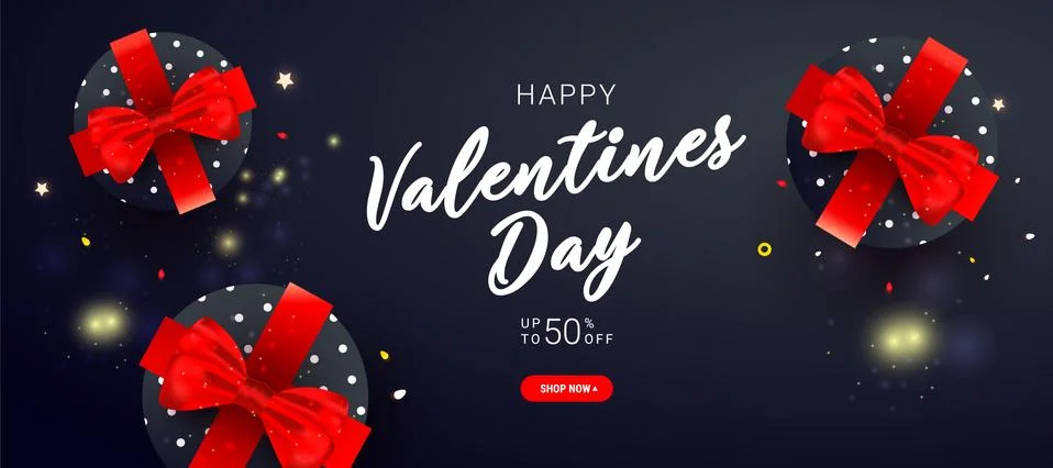 Valentines day vector concept card with surprise gift boxes and ribbon bow on Ilustração Stock