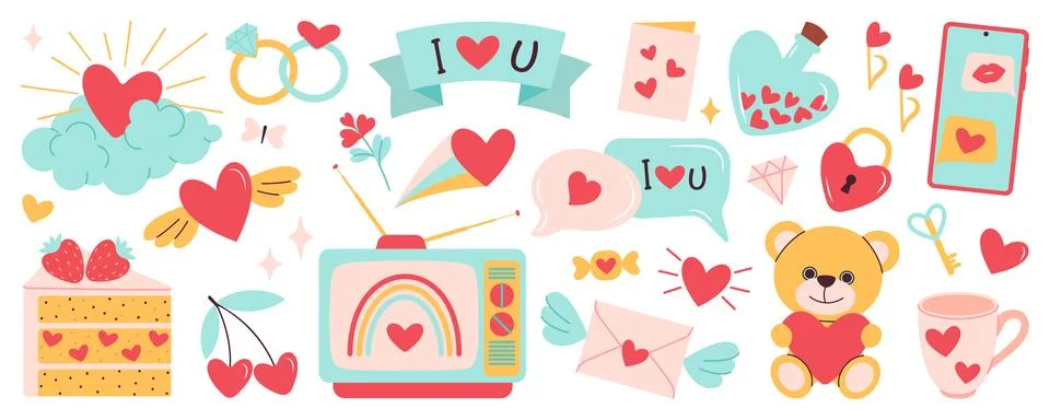 Valentines day vector elements set. Flat style for stickers and greeting cards 스톡 일러스트