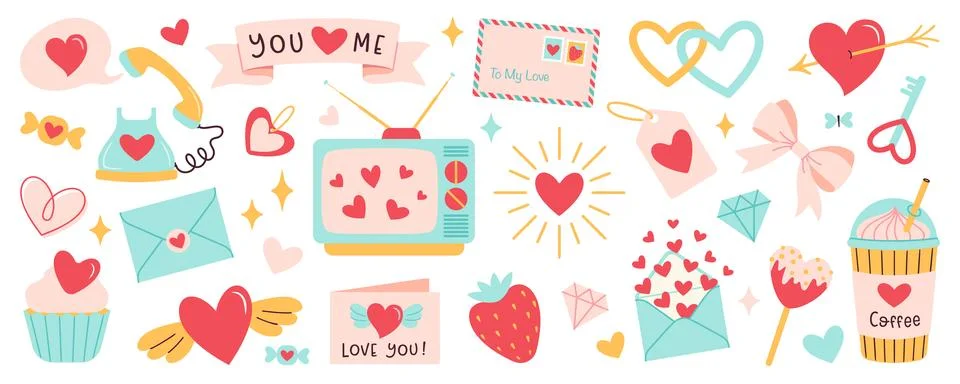 Valentines day vector elements set. Cartoon style for stickers and greeting Illustrazione stock