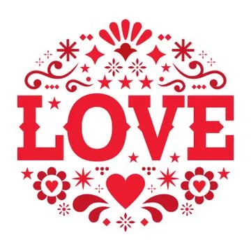 Valentine's Day vector greeting card - love, Mexican folk art pattern Stock Illustration