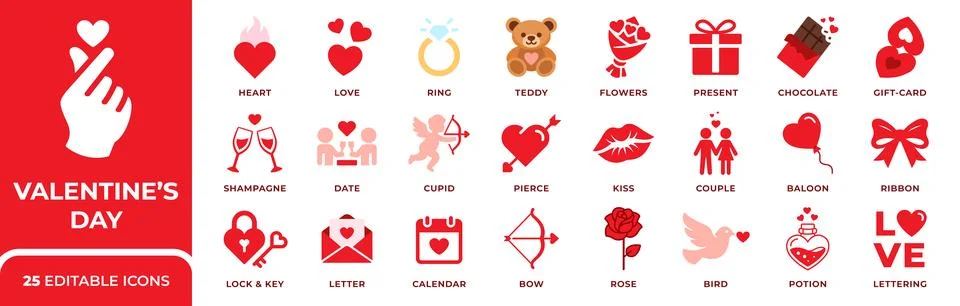 Valentine's Day vector icon set with love, heart, couple, gift, ring and ro.. Ilustração Stock