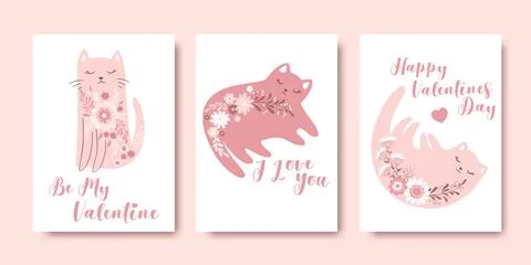 Valentines day vector illustrations set in flat style with cute cats, flowe.. Stock Illustration
