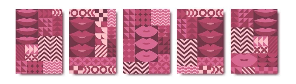 Valentines Day vector illustrations set with pink lips and bauhaus abstract.. Stock Illustration