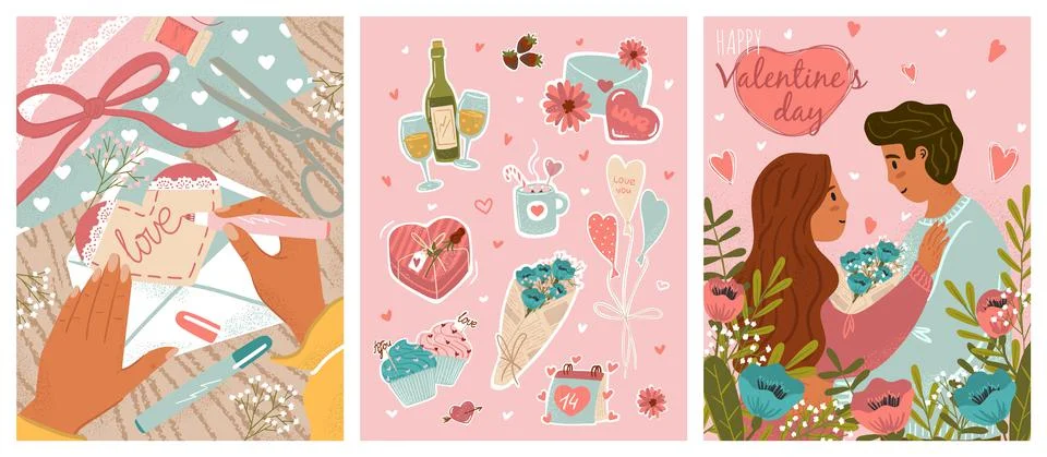 Valentines Day vector posters set with love stickers, romantic couple, love 库存插图
