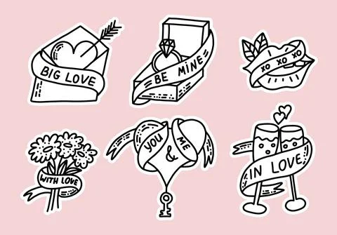 Valentines Day vector stickers. Vector hand drawn elements for wedding, Valen Stock Illustration