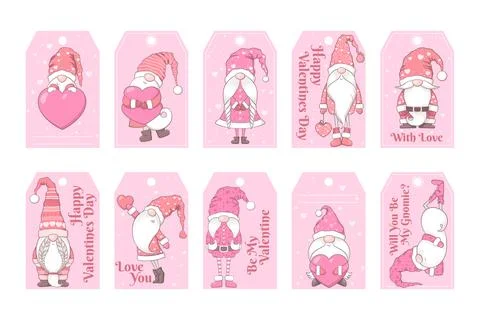 Valentines Day vector tags collection with cute hand drawn gnomes, hearts a.. Stock Illustration