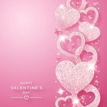 Valentines Day vertical background with shining pink hearts and confetti. H.. Stock Illustration