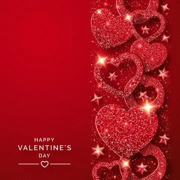 Valentines Day vertical background with shining red hearts and confetti. Ho.. Stock Illustration