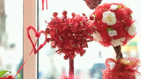 Valentines Day Window Display Decoration Closeup Stock Footage