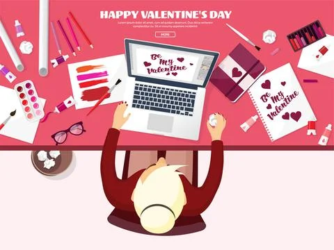 Valentines Day. Workplace with table. Design Equipment. Drawing on paper Stock Illustration