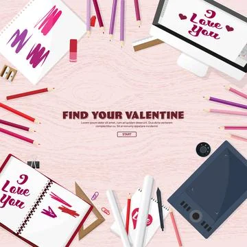 Valentines Day. Workplace with table. Design Equipment. Drawing on paper Stock Illustration