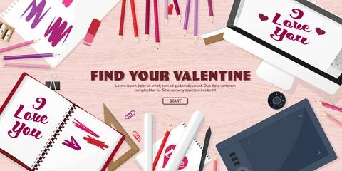 Valentines Day. Workplace with table. Design Equipment. Drawing on paper Stock Illustration