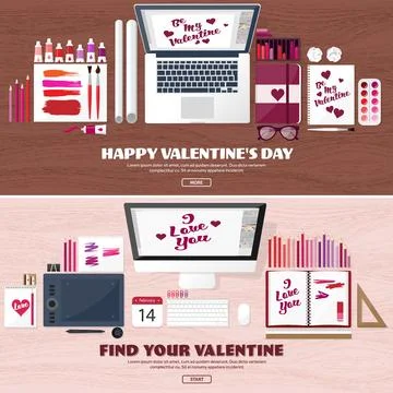 Valentines Day. Workplace with table. Design Equipment. Drawing on paper Stock Illustration