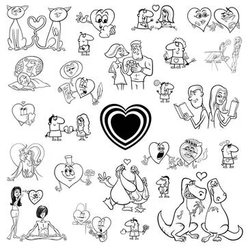 Valentines design elements Black and White Cartoon Illustration of Valenti... Stock Photos