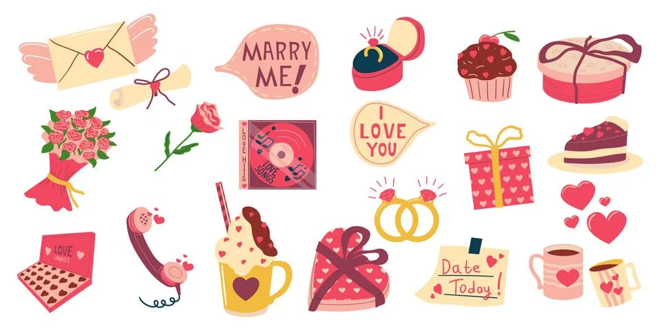 Valentines elements. Cartoon objects for celebrating February holiday. Greeting Stock Illustration