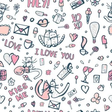 Valentines elements seamless pattern. Background with cute cats and love obje Illustrazione stock