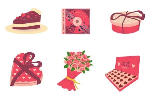 Valentines elements set. Pink wrapped boxes, sweet cake, love songs disk Stock Illustration