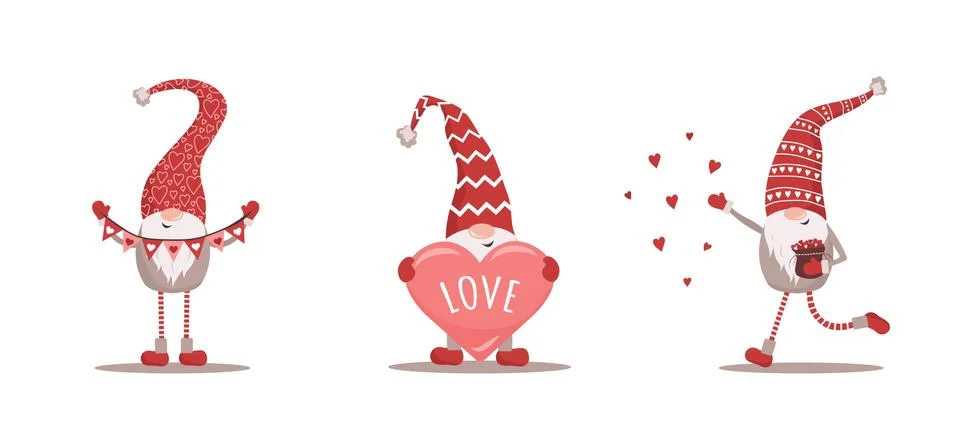 Valentines gnomes in red hat. Lovely scandinavian elf isolated on white Stock Illustration