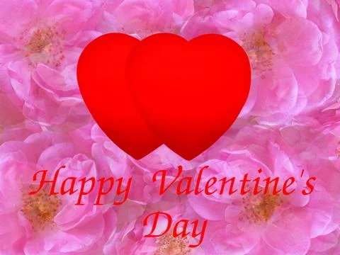 Valentine's greeting card including two large joined red hearts and in backgr Stock Illustration