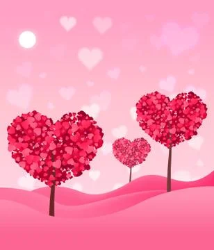 Valentines landscape background with a forest tree made of hearts. Beautiful Stock Illustration