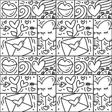 Valentines logo vector seamless pattern love, lips, heart and cloud. Hand drawn 스톡 일러스트