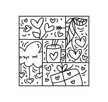 Valentines logo vector seamless pattern gift box, cup, heart and cloud. Hand 스톡 일러스트