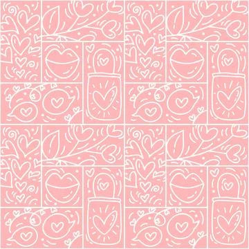 Valentines logo vector seamless pattern love, lips, heart and cloud on pink Stock Illustration
