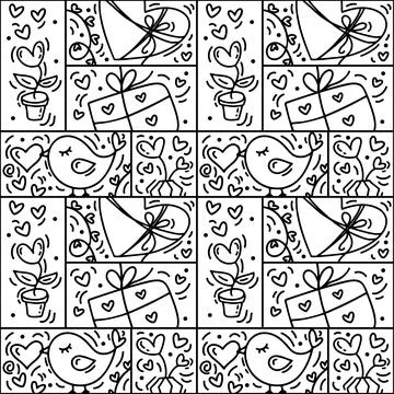 Valentines logo vector seamless pattern love, bird, heart and gift box line Illustrazione stock